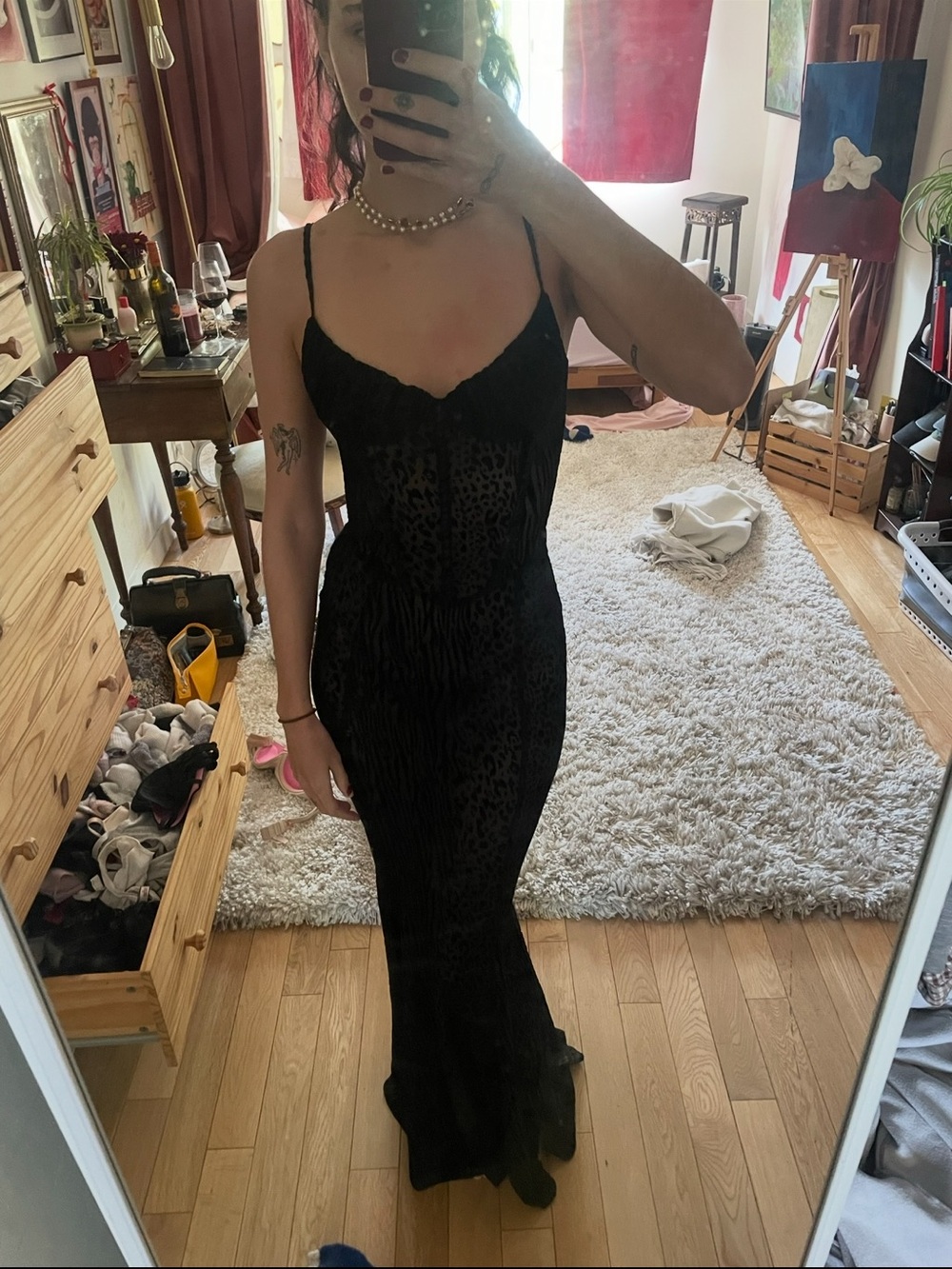 Black Textured Velvet Slip Dress